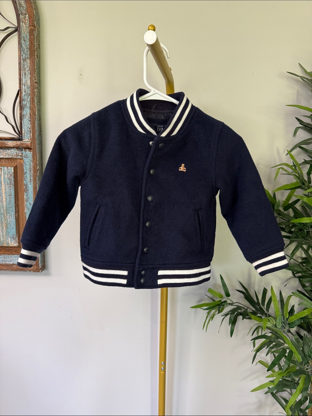 GAP Navy Kids Fleece Bomber Jacket with White Stripe Trim